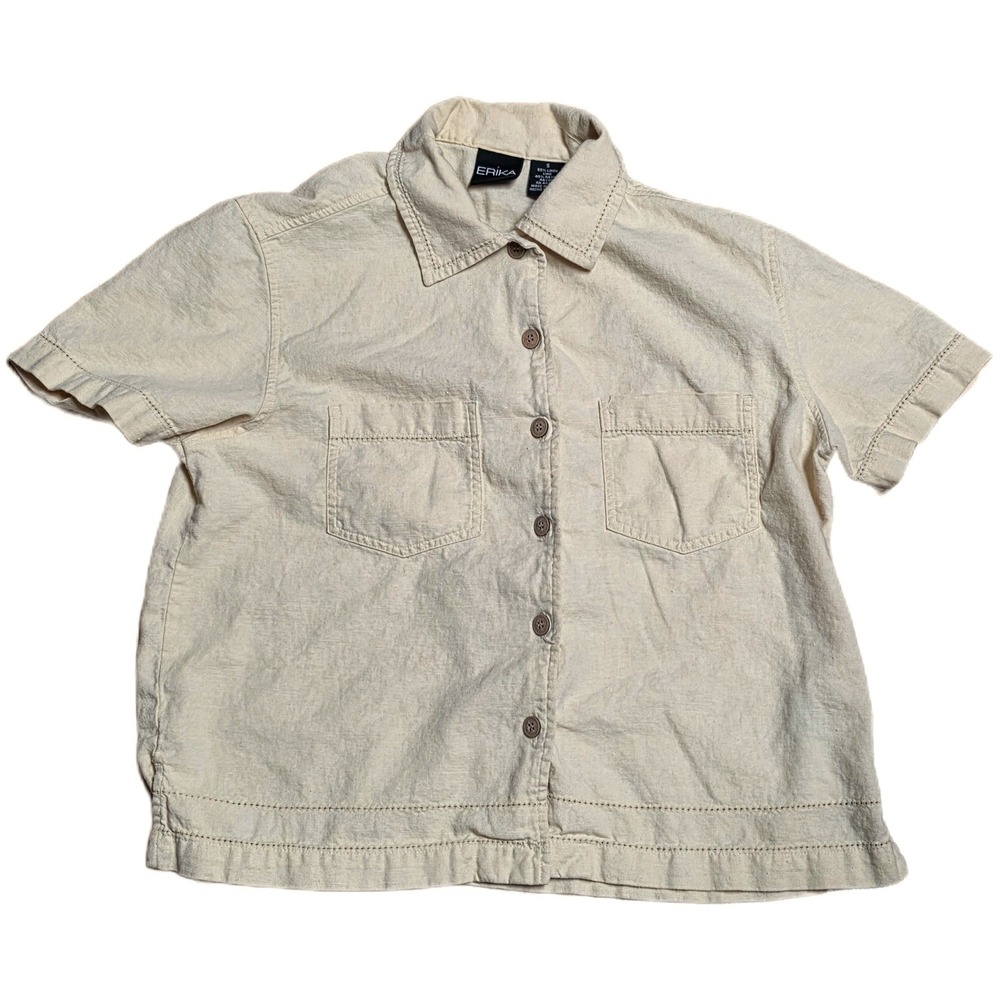 Erika Button Up Dress Shirt Women's Size S Light Yellow Short Sleeve Linen Blend